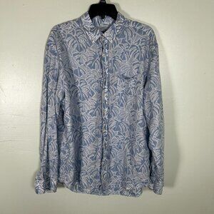 Vineyard Vines Shirt Mens XL Blue White Tropical Print 100% Linen Long Sleeve